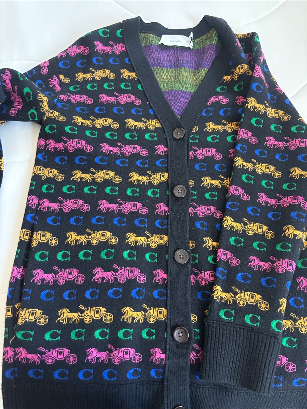Coach Black Cardigan with Multicolor Logo & Carriage Motif